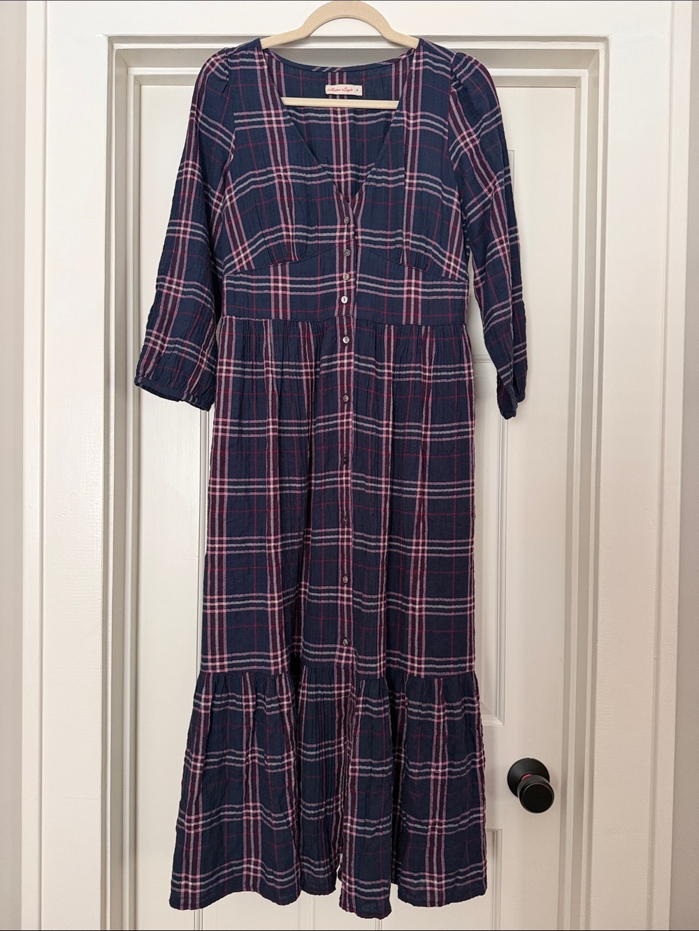 NWOT Marine Layer Maeve Twilight Plaid Navy Long Sleeve Tiered Midi Dress
